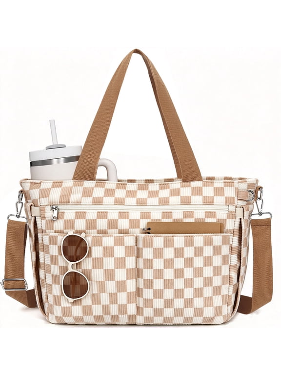 Corduroy Tote Bag for Women,Multiple Pockets & Laptop Compartment Shoulder Bag, Crossbody Work Purse with Zipper for Nurse Teacher Work,College,Travel,Gym,Plaid Khaki
