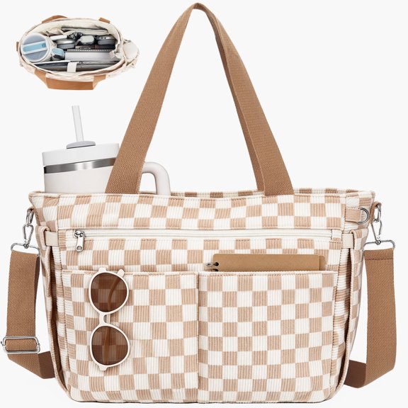 Fammart Corduroy Tote Bag with Laptop Compartment & Cup Holder,17 Pockets Work Handbag,Crossbody Travel Purse for Nurse Teacher Work,School,Gym