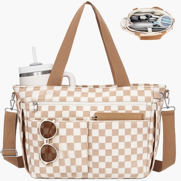Fammart Corduroy Tote Bag with Laptop Compartment & Cup Holder,17 Pockets Work Handbag,Crossbody Travel Purse for Nurse Teacher Work,School,Gym
