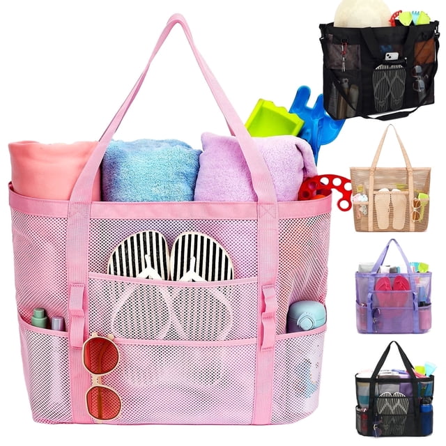 Fammart Large Mesh Beach Bag for Women, Sandproof Beach Tote with ...