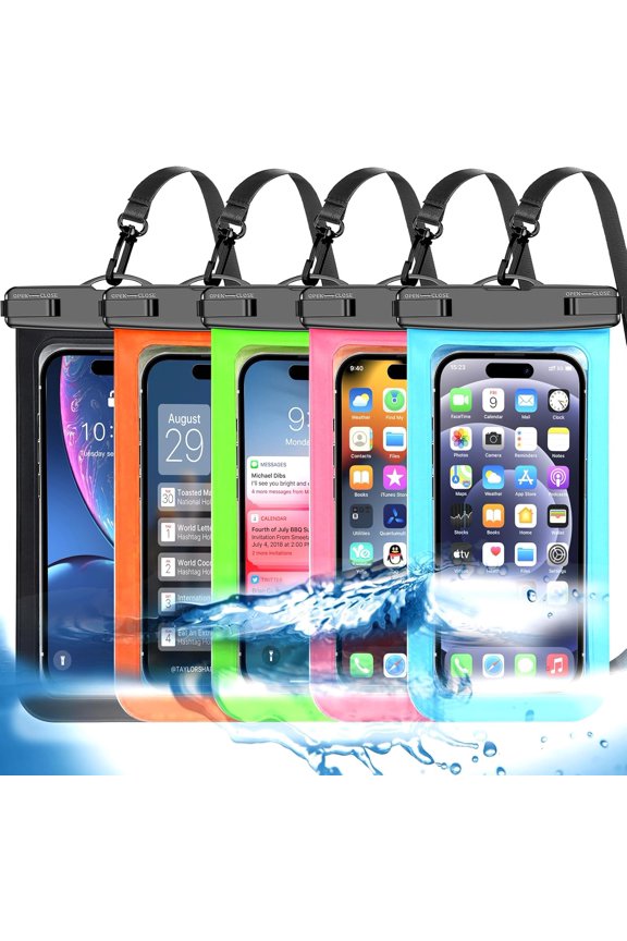 Famoby 5 Pack Multicolor Waterproof Phone Pouch, Cell Case Dry Bag,Protection Level: IP68,Beach Cruise for iPhone,Samsung,and More,Lanyard Included,(Fits Up to 8.3"),Black,Blue,Pink,Orange,Green