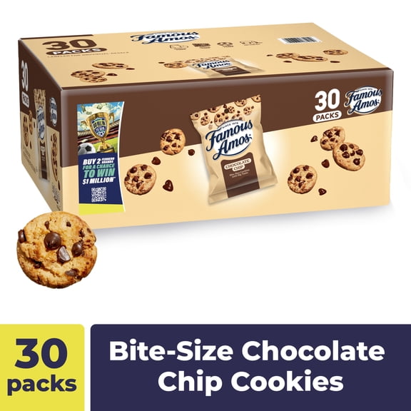 Famous Amos Classic Chocolate Chip Cookies, Bite-size cookies, Sweet Treats, 30 Pack Box, 1 oz Bag