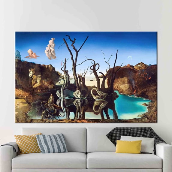 Famous Art, Swans Reflecting Canvas Poster, Cisnes Reflejando Elefantes Artwork, Wall Swans Printed, Wall Artwork, Canvas Wall Decor - 3P-Black Framed