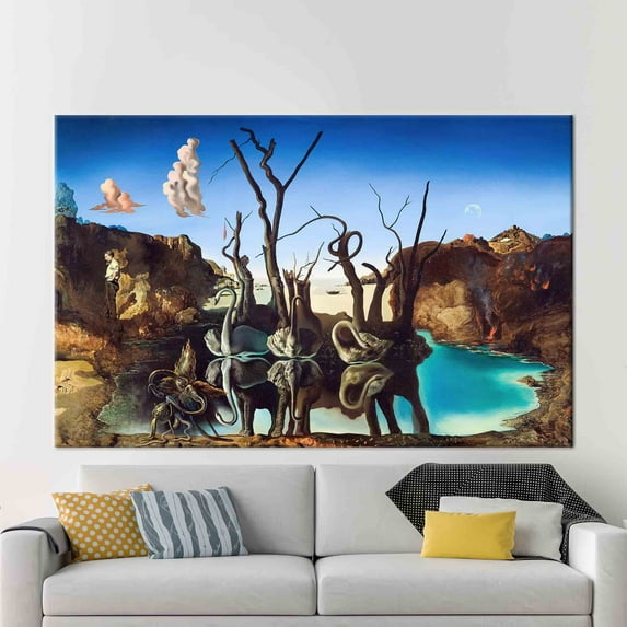 Famous Art, Swans Reflecting Canvas Poster, Cisnes Reflejando Elefantes Artwork, Wall Swans Printed, Wall Artwork, Canvas Wall Decor - White Framed