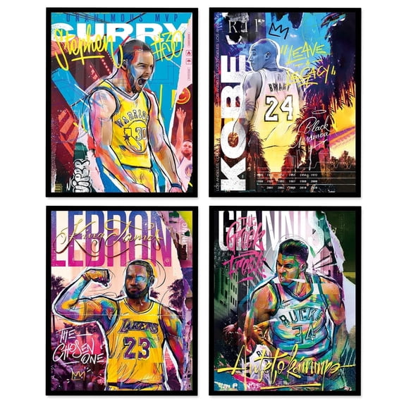 Famous Basketball Star Posters Framed Wall Art, 8x10 Inch Canvas Prints Set of 4, Basketball Poster Black Frame for Boys Bedroom Decor