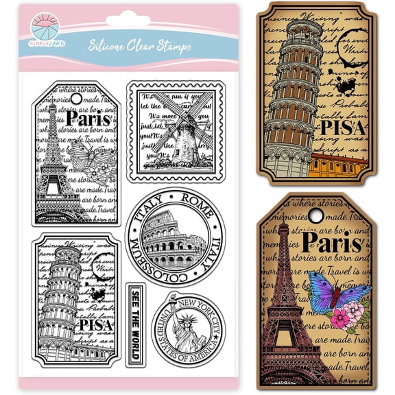 Famous Buildings Clear Stamp for Scrapbooking Vintage Postage Silicone Stamps Architectural Text Transparent Stamp for Card Making DIY Embossing Journaling