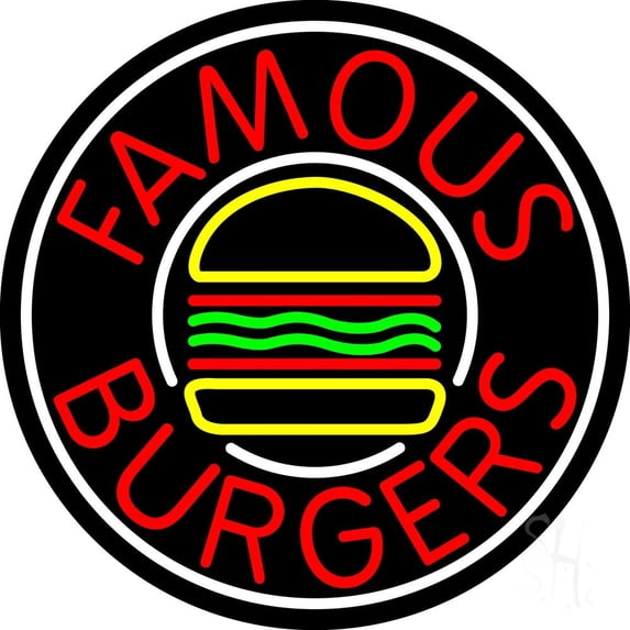 Famous Burgers Circle LED Neon Sign 18 x 18 - inches, Clear Edge Cut Acrylic Backing, with Dimmer - Bright and Premium built indoor LED Neon Sign for restaurant window and interior decor.