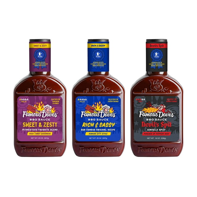 Famous Dave's BBQ Variety Pack With Devil's Spit, Sweet & Zesty And Rich & Sassy, Grill, Smoke, Bake, 20 Ounce 3-Pack