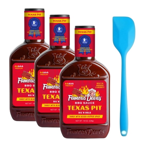 Famous Dave's Texas Pit BBQ Sauce, 19 oz (3 pack) and 8in Silicone Spatula (Color Varies)