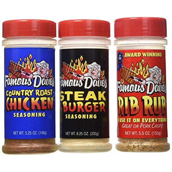 Famous Dave's Seasonings 3 Pack Bundle, Steak Burger, Rib Rub and Country Roast Chicken, Set of 3