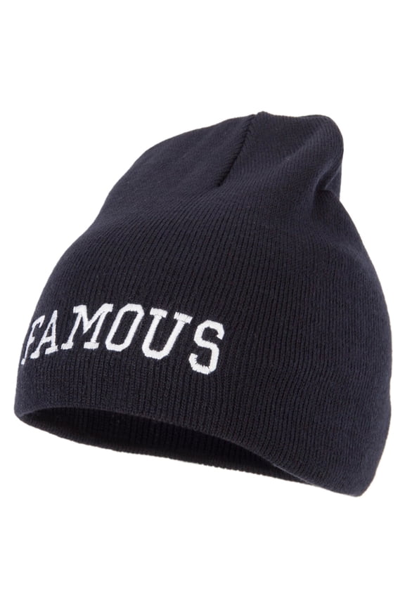 Famous Embroidered Design 8 Inch Knitted Short Beanie - Navy OSFM