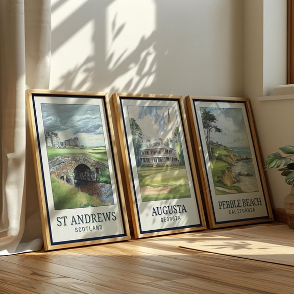 Famous Golf Course Wall Art (Augusta, Pebble Beach & St Andrews) Vintage Golf Poster Sets for Man Cave or Birthday Golf Gift, Poster Only