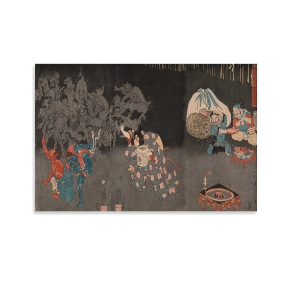 Famous Painters Yoshitoshi Tsukioka (Momotaro Throwing Beans) Canvas Wall Art Prints Poster Gifts Photo Picture Painting Posters Room Decor Home Decorative 12x18inch(30x45cm)