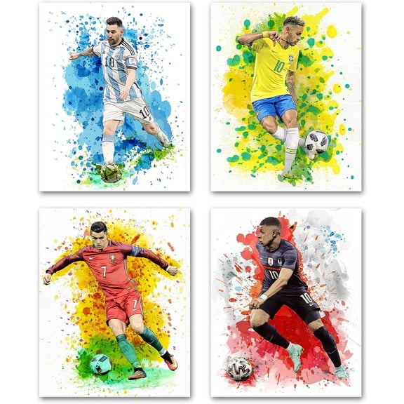 Famous Soccer Superstar Canvas Posters,Cristiano Ronaldo,Lionel Messi,Neymar and Mbappe Wall Art Prints for Office,Living Room,Home Decor, Set of 4 (12"x15" Unframed)