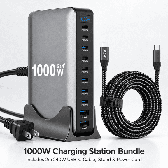 Famous Tech Shop 1000W Charging Hub 11-Ports Hub Bundle with AC Power Cord, Stand, 3 Meter USB-C Wire