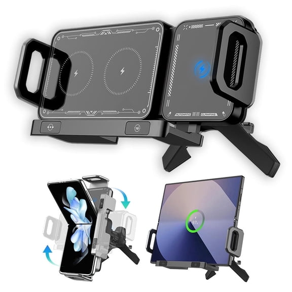 Famous Tech Shop 15W Wireless Car Charger Phone Holder with Auto 90 Rotation, Dual-Coil Fast Charging Gravity Mount for Dashboard or Vent