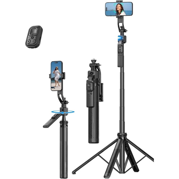 Famous Tech Shop Black Dual-Light Aluminum Tripod 1.63m  Smart Tracking, Detachable Clip Head, 1/4" Mount, Bluetooth Remote, 4-Leg Base