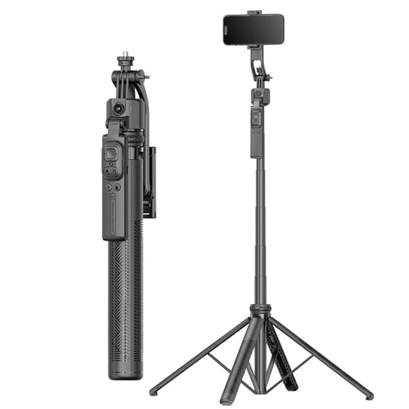 Famous Tech Shop Black Dual-Light Aluminum Tripod 1.63m – Smart Tracking, Detachable Clip Head, 1/4" Mount, Bluetooth Remote, 4-Leg Base