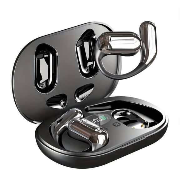 Famous Tech Shop Open-Ear Bone Conduction Bluetooth 5.4 Earbuds with LED Display, IPX5 Waterproof, 50-Hour Playtime, Black