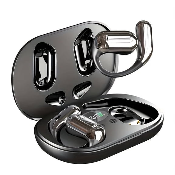 Famous Tech Shop Open-Ear Bone Conduction Bluetooth 5.4 Earbuds with LED Display, IPX5 Waterproof, 50-Hour Playtime, Black