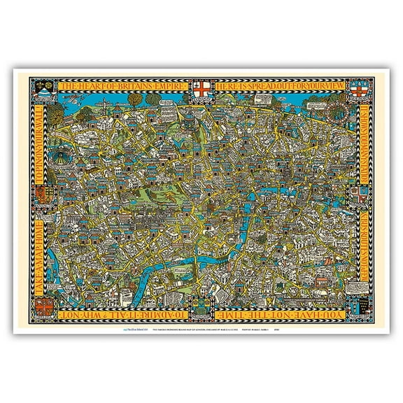 The Famous Wonderground Map of London Town England - Underground Railways - Vintage Pictorial Map by MacDonald (Max) Gill c.1915 - Master Art Print 10in x 14in
