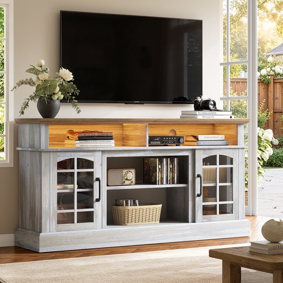 TV Stand with Storage for 65" TVs, PAPROOS Famrhouse Entertainment Center with LED Lights, Allows for 23in Electric Fireplace Insert(No Include), Brown&White