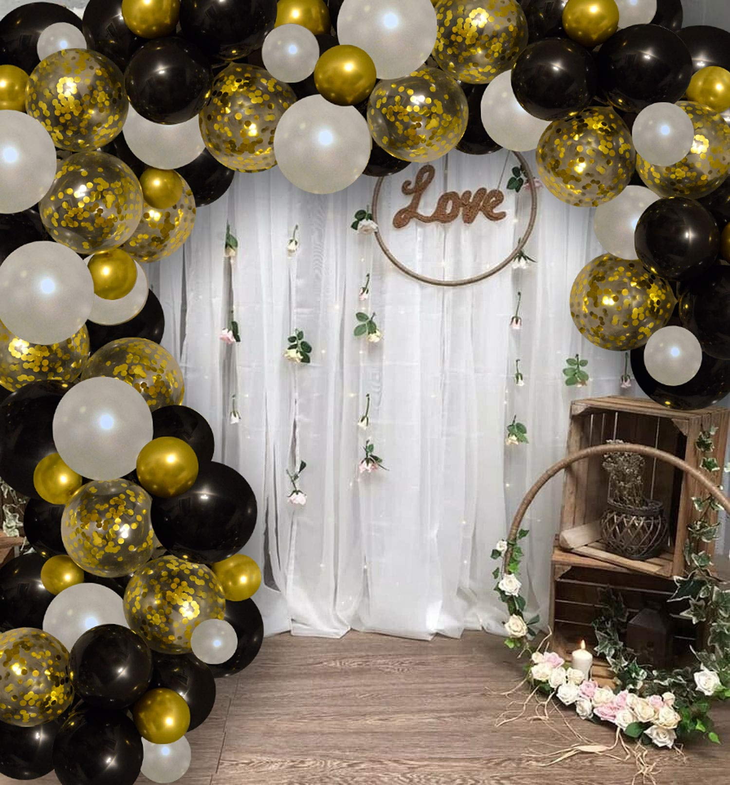 Famzigo DIY Arch Balloon Garland Kit - Gold Black & White - Durable Boho Balloon Decoration - Beautiful Wedding, Quincenera, Birthday Arch - Easy Assembly - Photo Backdrop - Balloon Pump - Confetti