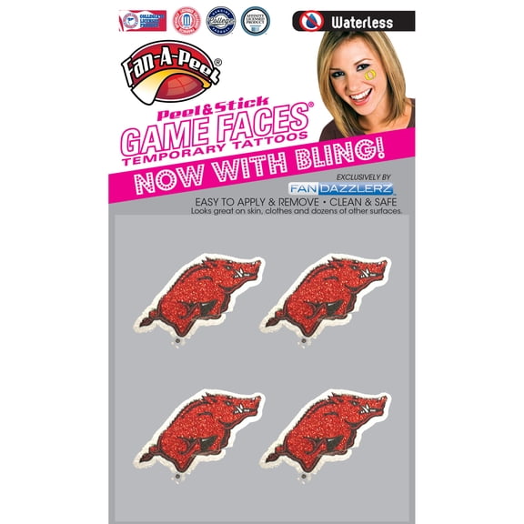 Fan-A-Peel Arkansas Waterless Temporary Tattoos - Hypoallergenic Peel and Stick Waterproof Temporary Tattoos, Glitter - Officially Licensed