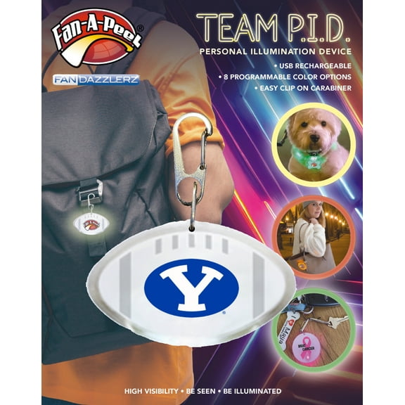 Fan-A-Peel BYU Personal Illumination Device - Wearable High-Visibility LED Motion Sensor Light with Carabiner, Football - Officially Licensed