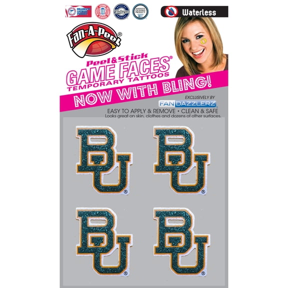 Fan-A-Peel Baylor Waterless Temporary Tattoos - Hypoallergenic Peel and Stick Waterproof Temporary Tattoos, Glitter - Officially Licensed