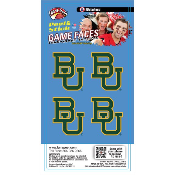 Fan-A-Peel Baylor Waterless Temporary Tattoos - Hypoallergenic Peel and Stick Waterproof Temporary Tattoos - Officially Licensed