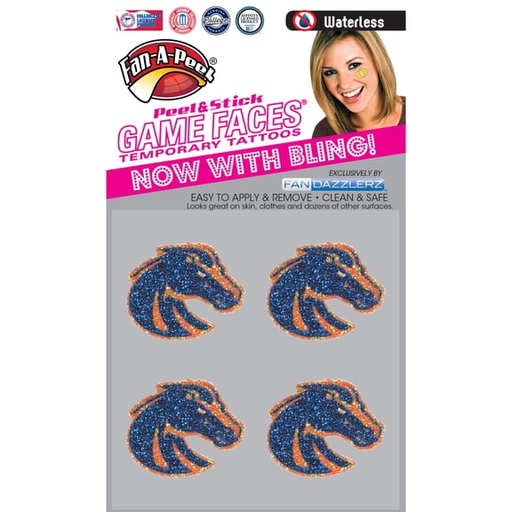 Fan-A-Peel Boise State Waterless Temporary Tattoos - Hypoallergenic Peel and Stick Waterproof Temporary Tattoos, Glitter - Officially Licensed