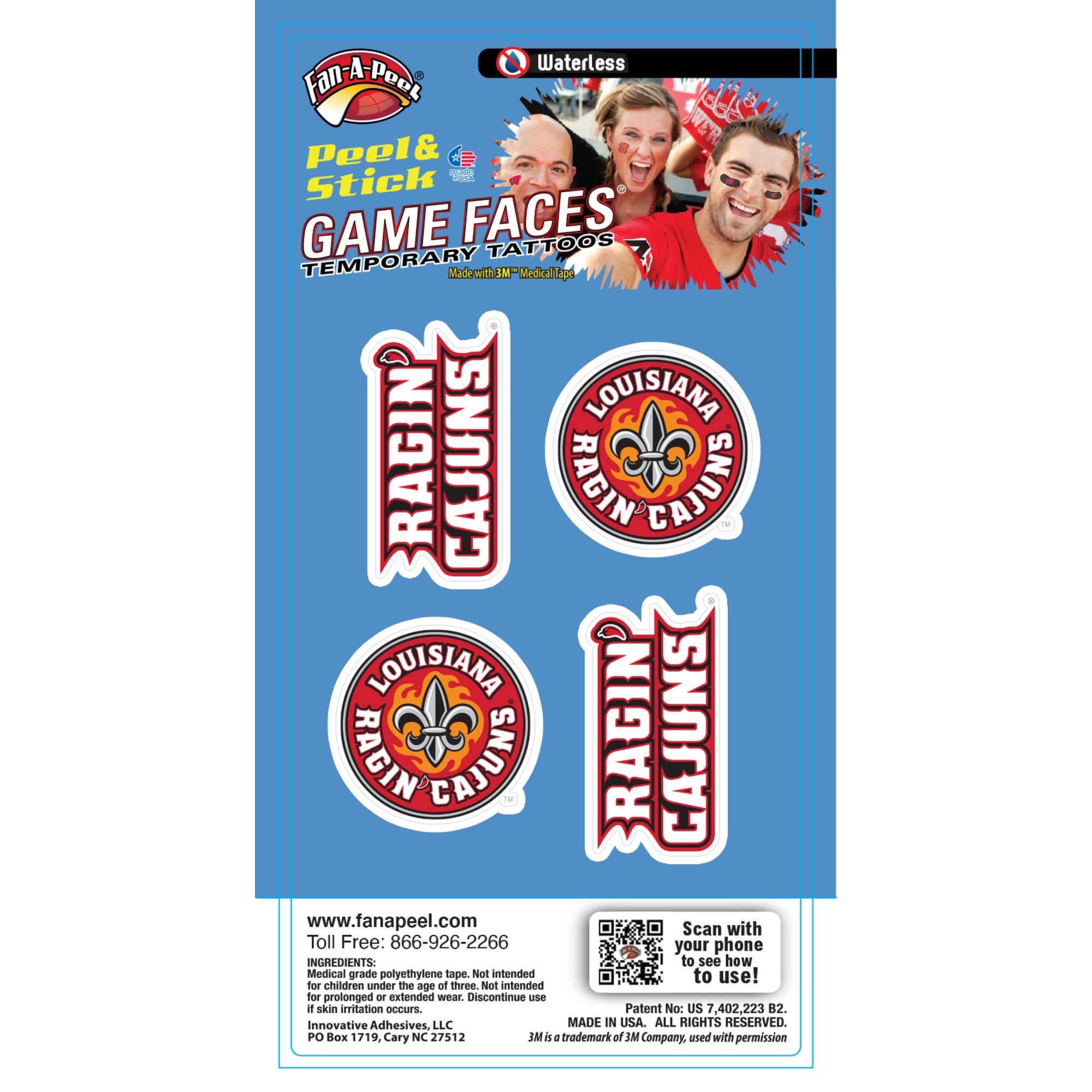 FanAPeel Louisian Lafayette Waterless Temporary Tattoos Hypoallergenic Peel and Stick