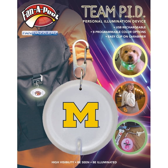 Fan-A-Peel Michigan Personal Illumination Device - Wearable High-Visibility LED Motion Sensor Light with Carabiner, Round - Officially Licensed