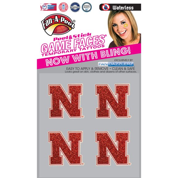 Fan-A-Peel Nebraska Waterless Temporary Tattoos - Hypoallergenic Peel and Stick Waterproof Temporary Tattoos, Glitter - Officially Licensed