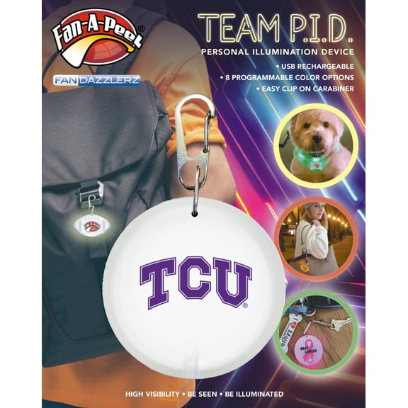 Fan-A-Peel Texas Christian Personal Illumination Device - Wearable High-Visibility LED Motion Sensor Light with Carabiner, Round - Officially Licensed