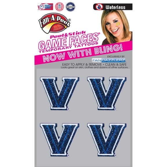Fan-A-Peel Villanova Waterless Temporary Tattoos - Hypoallergenic Peel and Stick Waterproof Temporary Tattoos, Glitter - Officially Licensed