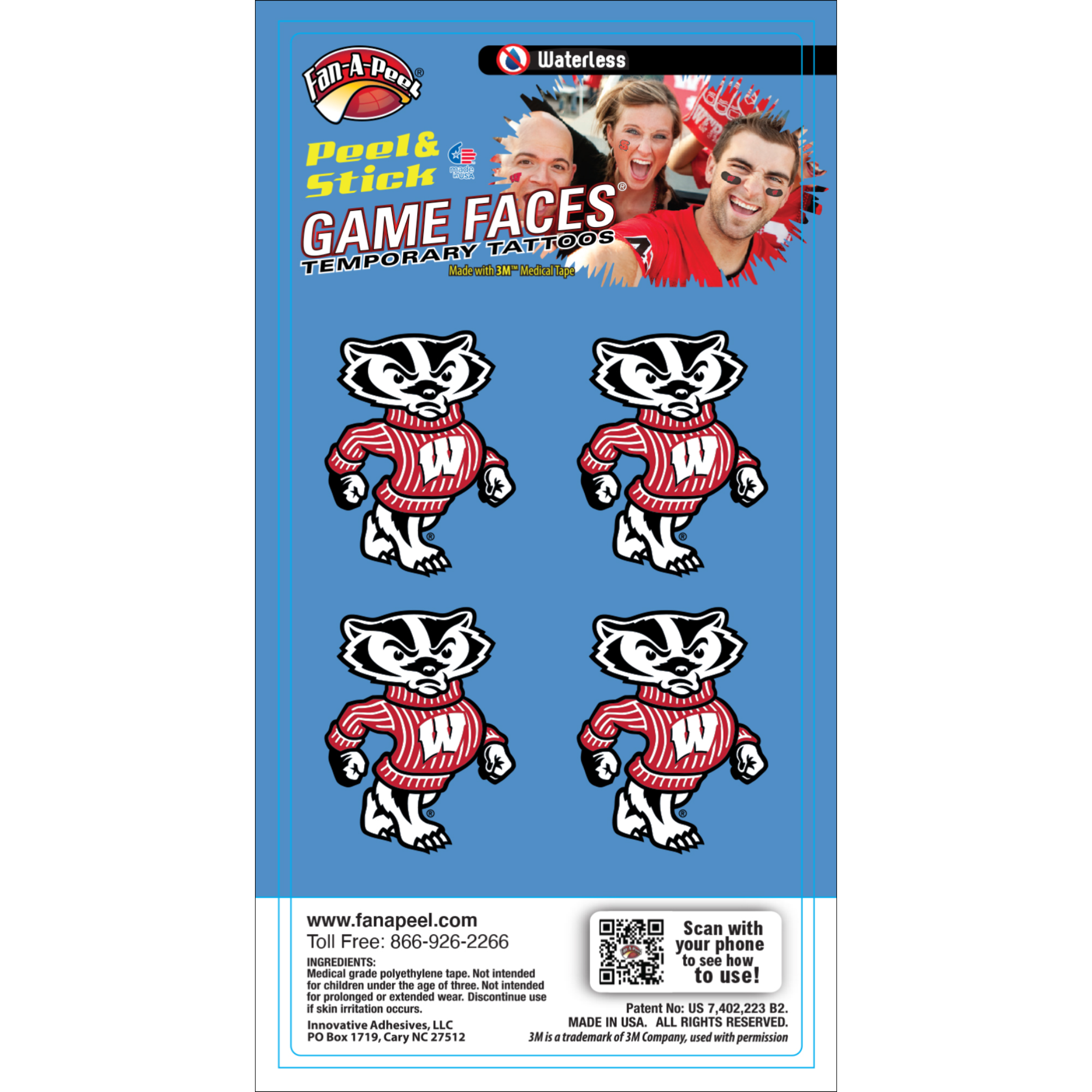 FanAPeel Wisconsin Waterless Temporary Tattoos Hypoallergenic Peel