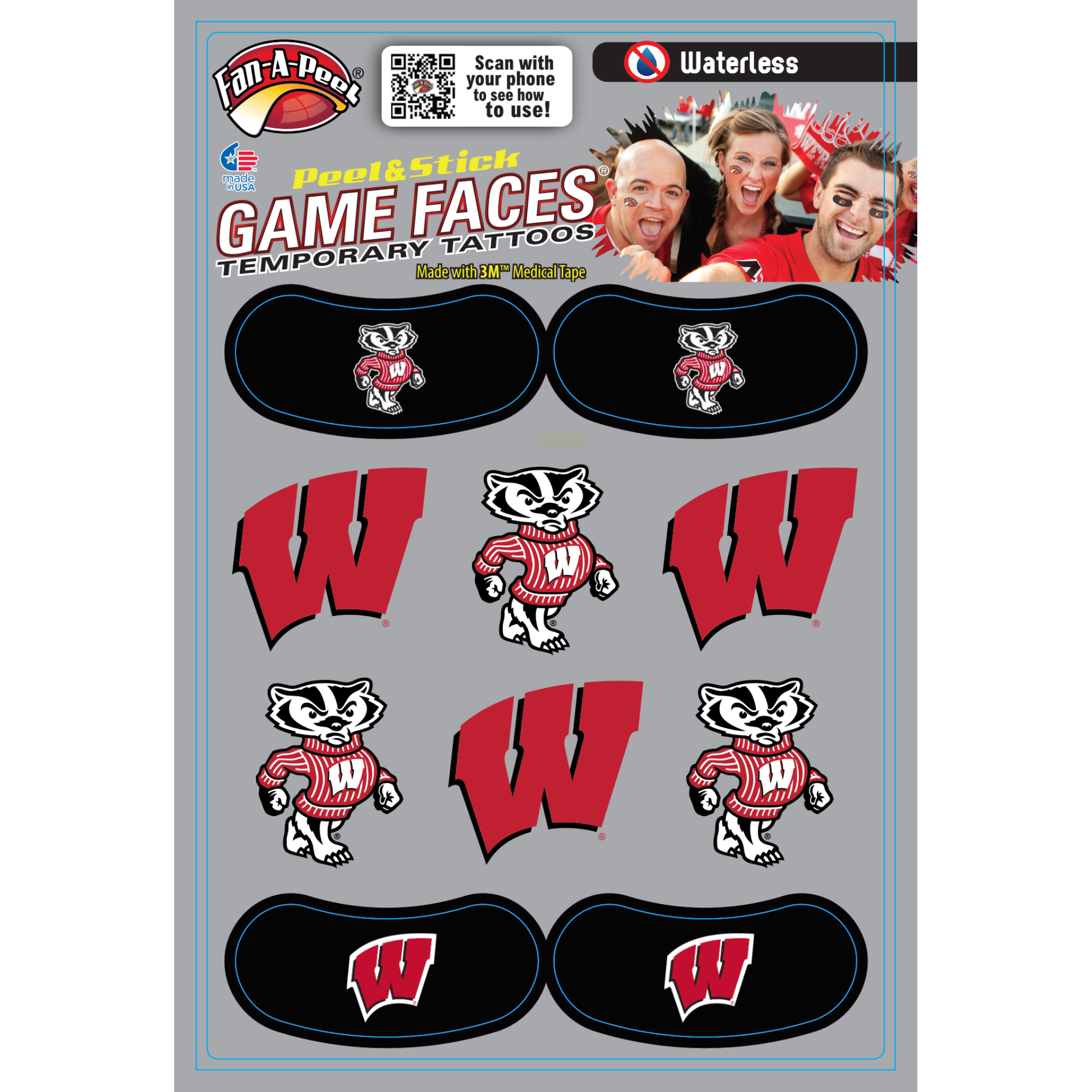 FanAPeel Wisconsin Waterless Temporary Tattoos Hypoallergenic Peel