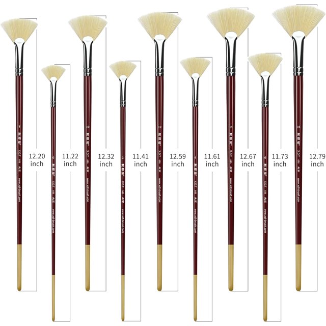 Fan Artist Paint Brush 9 Piece Set Medium Stiff Hog Bristle Extra Long