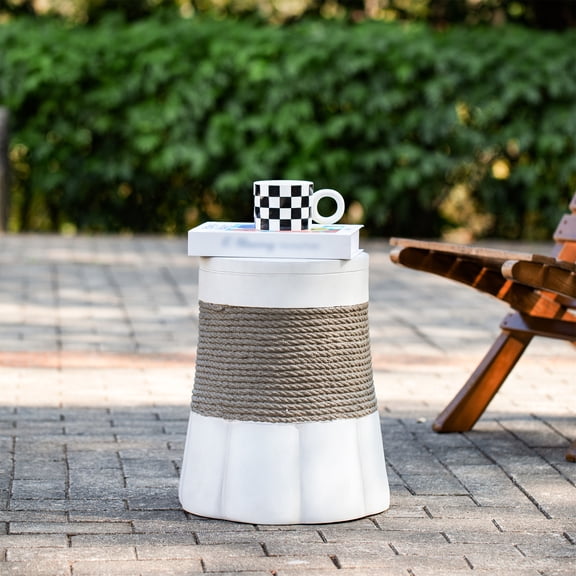 Fan Base Side Table, Outdoor Light Gray and Brown Retro Woven Rope End Table for Patio Garden, Light Gray and Brown