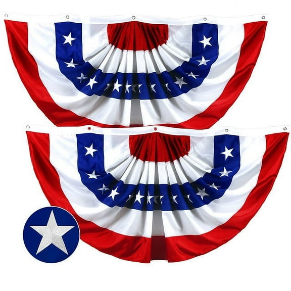 G128 2pk 5x10 ft Pleated American USA Fan Flag Memorial Day Emb Bunting Patriotic 4th of July Decor