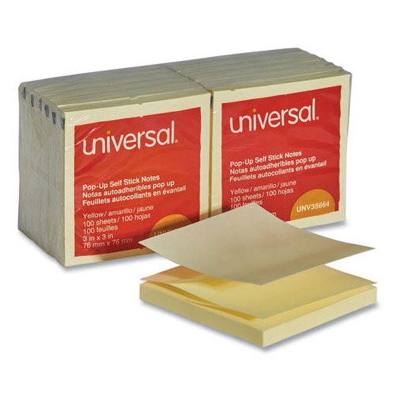 Fan-Folded Self-Stick Pop-Up Note Pads, 3" x 3", Yellow, 100 Sheets/Pad, 12 Pads/Pack | Bundle of 2 Packs
