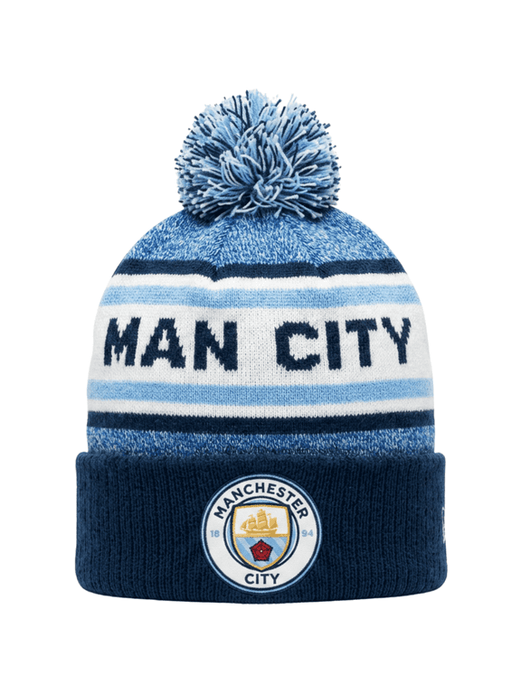 Manchester City Pom Pom Winter Beanie, Blue and White, Official Club Knit Hat (Youth)