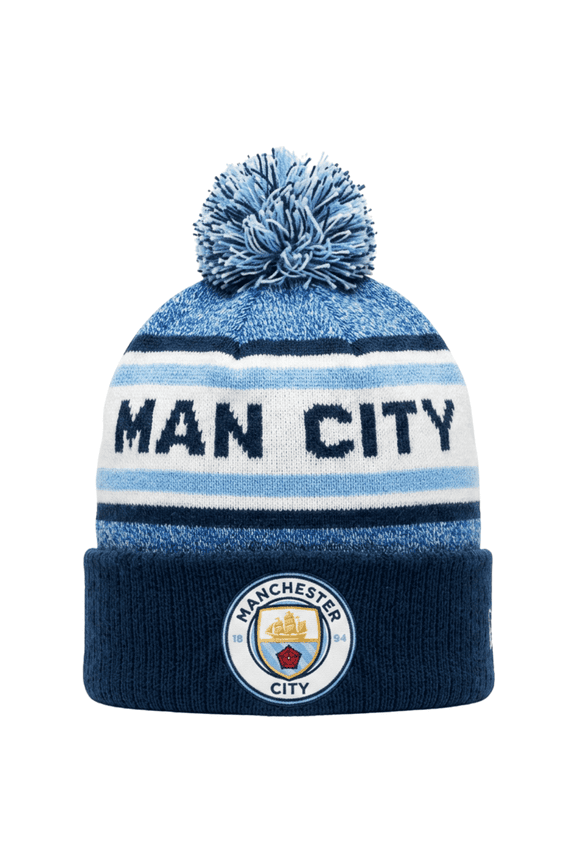 Manchester City Pom Pom Winter Beanie, Blue and White, Official Club Knit Hat (Youth)