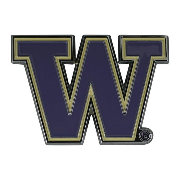 University of Washington Huskies Premium Solid Metal Raised Auto Emblem, Team Color, Shape Cut, Adhesive Backing