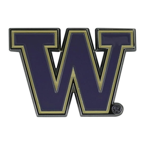University of Washington Huskies Premium Solid Metal Raised Auto Emblem, Team Color, Shape Cut, Adhesive Backing