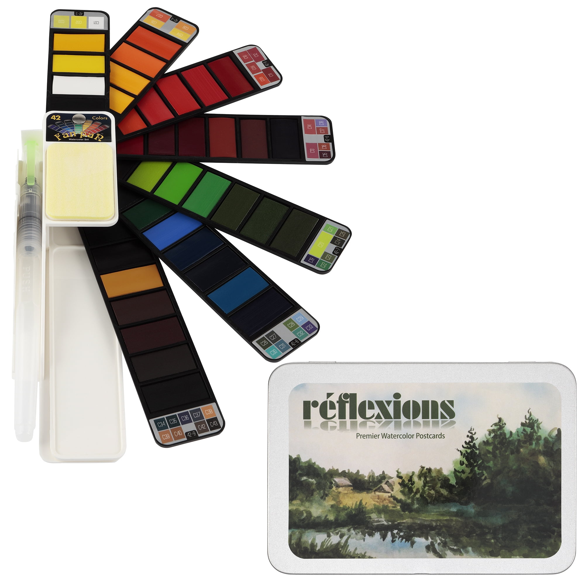 Fan-Pan Watercolor Paint Set - 42 Assorted Colors, Portable Foldable Pocket Artist Grade Professional Travel Paint Kit Includes Water Brush Pen & Tin