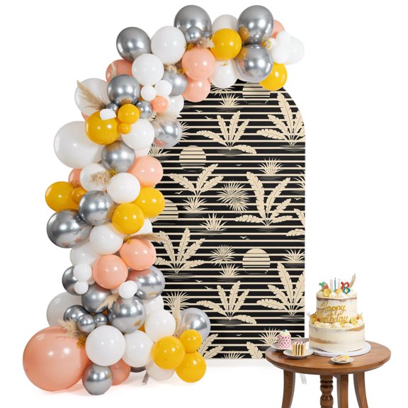 Fan Palm Leaf Arch Backdrop Cover 4FT Tropical Boho Beige Horizontal Slat Lines Stripe Spandex Fitted Arch Covers Stretchy Backdrop Decoration for Wedding Birthday Graduation Party