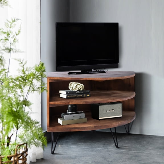Fan Shape Reclaimed Wood Living Room Corner Media Unit - Construction Easy To Keep Clean Fits Any Style 43.09" D X 20.32" W 24.15" H 29.82 Lb Weight Table In Natural Finish & Cleanable Suits Decor